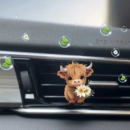 2-Pack Highland Cow Car Air Fresheners Cute Acrylic Vent Clips with Floral Accents