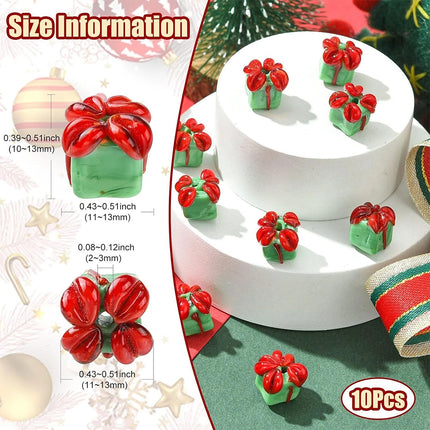 10Pcs Christmas Green Gift Box Shaped Lampwork Glass Beads, DIY Jewellery Making Accessories