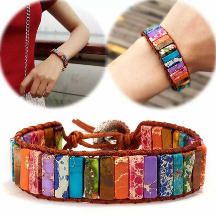 7 Chakra Bracelet Handmade Natural Stone Tube Beads Leather Wrap Women Bangle