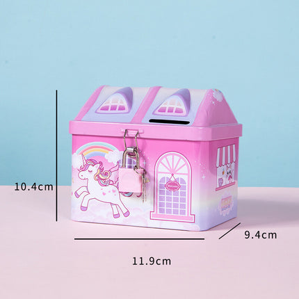 House Model Kids Money Piggy Bank Coin Saving Cash Tin Metal Box Unicorn