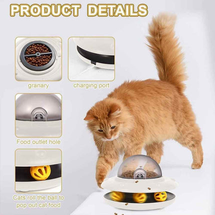 White UFO Shaped Interactive Cat Toy Automatic Dry Food Dispenser Pet Puzzle Feeder