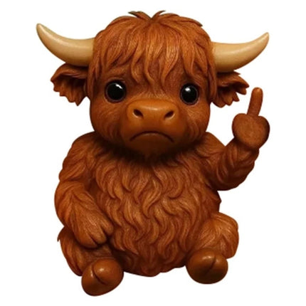 Lifelike Mini Highland Cow Middle Finger Resin Figurine - Realistic Animal Statue, Unique Ornament for Home Decor