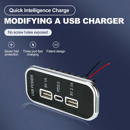 12V-24V Car Charger DUAL USB+PD Adapter Power Socket Charging 3 Ports Panel 36W