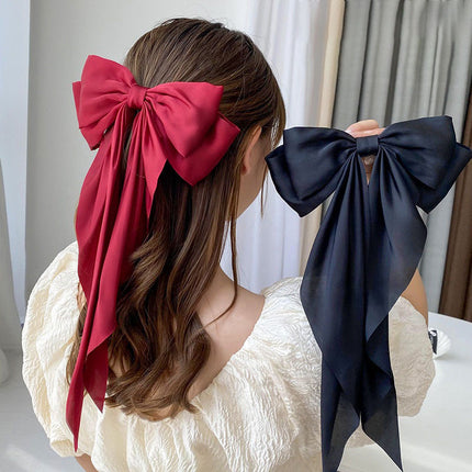 Korean Style Long Satin Bow Hair Clip, Premium Fabric Zinc Alloy Spring Barrette, Elegant Hair Accessory for Women & Girls