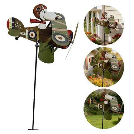 Cartoon Pilot Biplane Wind Spinner – Vintage Metal Windmill for Outdoor Garden & Yard Art Decor