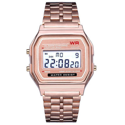 Retro Square LED Electronic Wrist Watch, Steel Metal Band, Harajuku‑Style Multifunctional Digital Watch