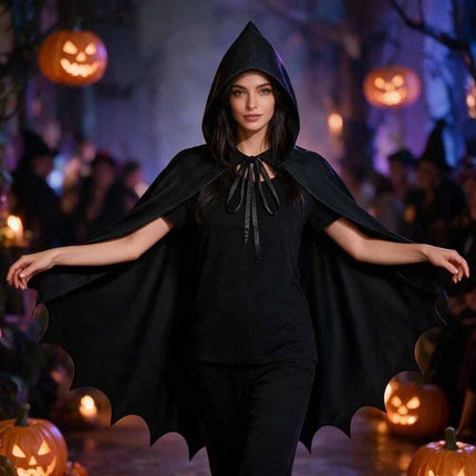 Black Gothic Hooded Cape, Medieval Halloween Bat Cosplay Cloak Costume