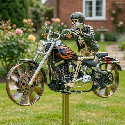 2D Flat Motorcycle Wind Spinner Rotating Wheel Garden Stake Decor