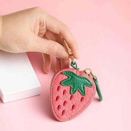 Strawberry shaped leather keychain coin purse, mini zipper pouch, portable storage bag