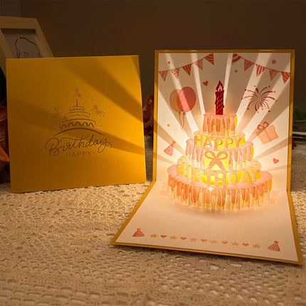 3D Pop-Up Birthday Card with LED Light, Voice Recorder - Cake & Fireworks Design
