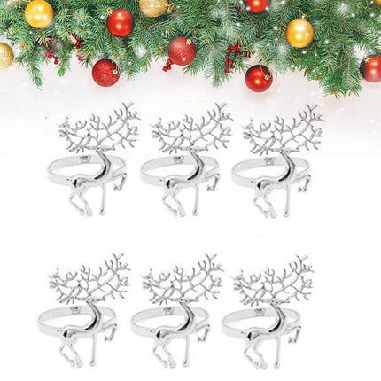 6X Silver Deer Christmas Napkin Rings - Alloy Reindeer & Elk Napkin Holders