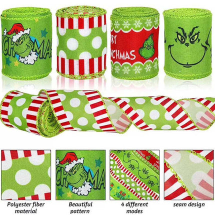 4pcs Grinchs Ribbon Wired 2.5In 4 Roll 20Yards Christmas Ribbon Wreaths Bows DIY