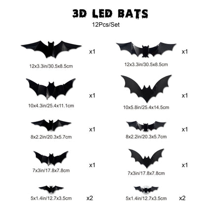 12/24PCS Halloween 3D Bat LED Night Light Wall Stickers – Glow in Dark Party Decor