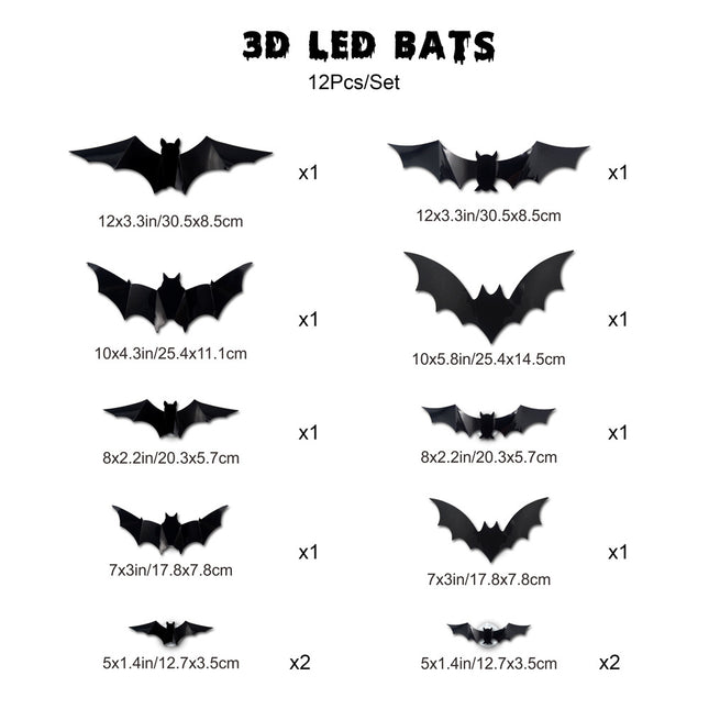 12/24PCS Halloween 3D Bat LED Night Light Wall Stickers – Glow in Dark Party Decor