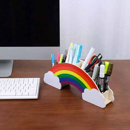 Rainbow Wooden Desk Organiser, DIY Pen & Pencil Holder with Phone Storage Compartment