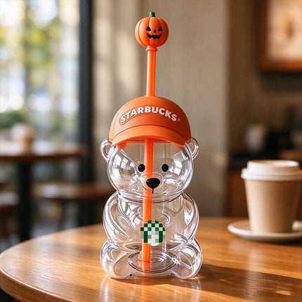 Halloween Bear Drink Cup with Pumpkin Straw Topper, Orange Cap, Collectible Seasonal Drinkware