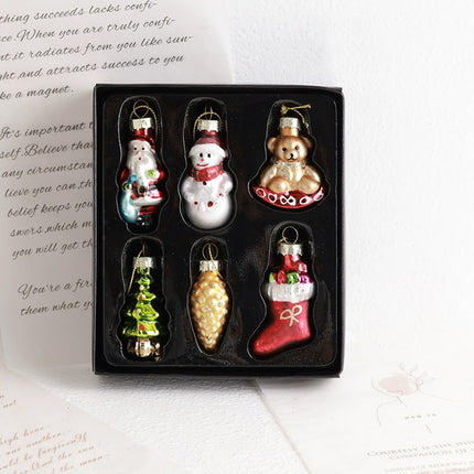 Set of 6 Retro‑Style Glass Christmas Tree Hanging Ornaments, Nostalgic Festive Decorations
