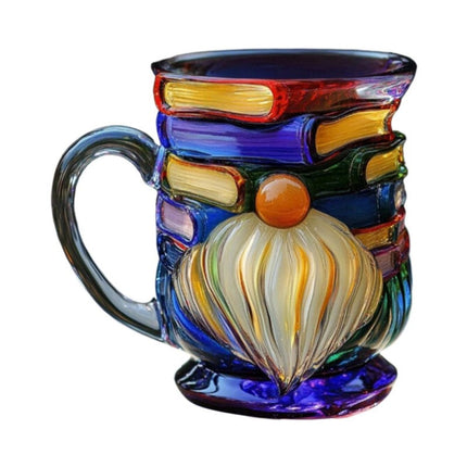 Glass 3D Painted Gnome Book Mug  Stack Coffee Cup Novelty Room Home Decor