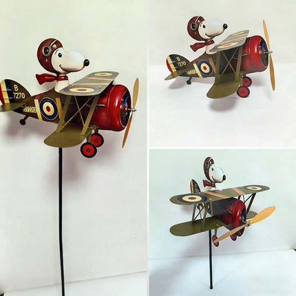 Cartoon Pilot Biplane Wind Spinner – Vintage Metal Windmill for Outdoor Garden & Yard Art Decor