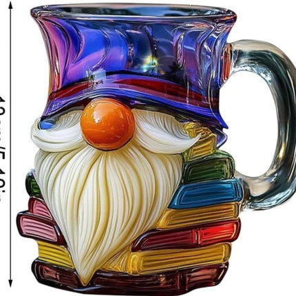Glass 3D Painted Gnome Book Mug  Stack Coffee Cup Novelty Room Home Decor