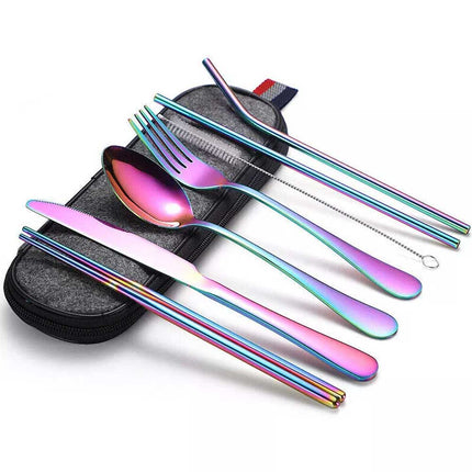 8PCS Portable Color Stainless Steel Tableware Dinnerware Travel Camping Cutlery Set