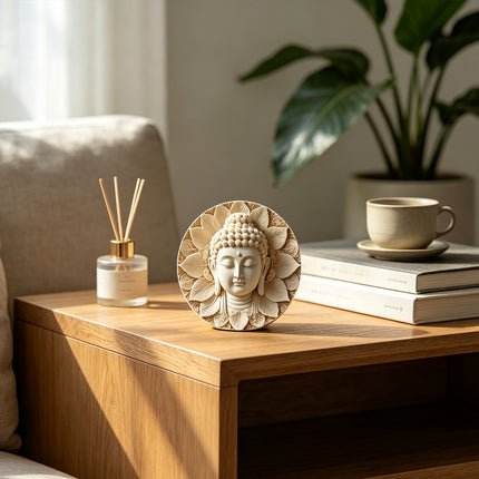 Round Wooden Buddha Head Hanging Wall Plaque 20cm Indoor Outdoor Home Garden Decor