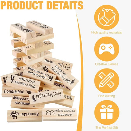 48 Blocks Wooden Tumble Tower, Adult Naughty Games, Couples Date Night Game with