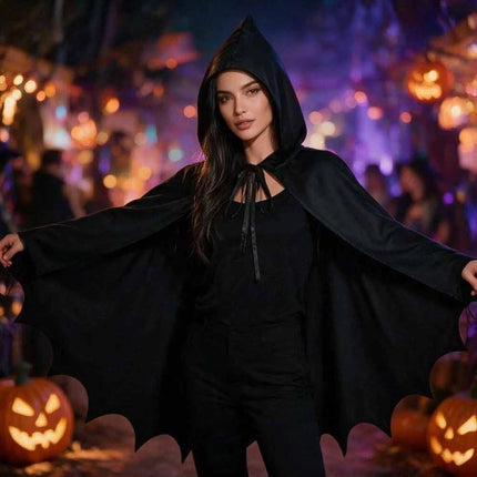 Black Gothic Hooded Cape, Medieval Halloween Bat Cosplay Cloak Costume