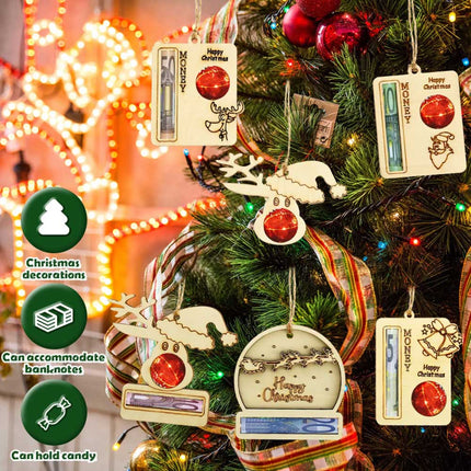 6Pcs Christmas Money Holder Set for Cash Gift Wooden Xmas Tree Hanging Cash Holder