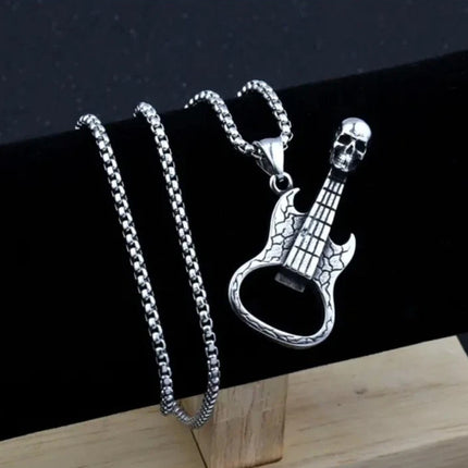 Hip Hop Biker Skull Guitar Pendant Necklace - Stainless Steel Rock Music Style Gift