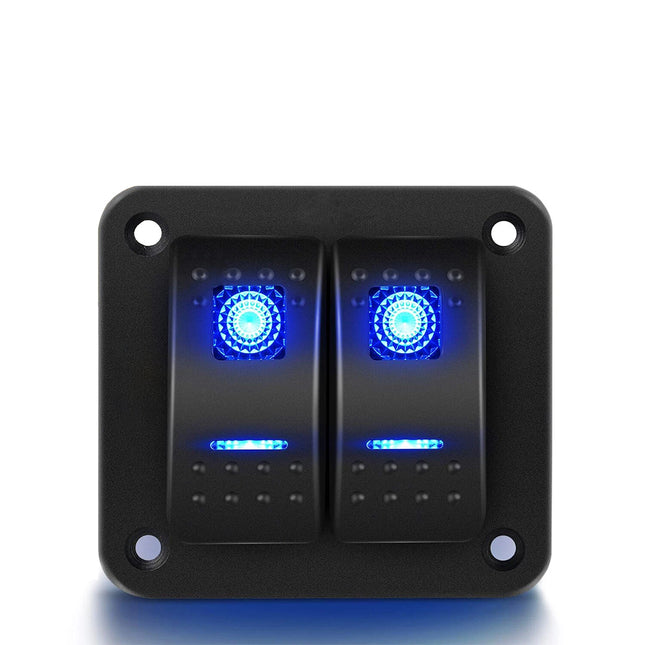 2 Gang Rocker Switch Panel Blue LED Waterproof Car Marine Boat RV 12V 24V