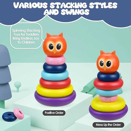 Wooden Owl Tumbler Stacking Rings, Rainbow Spinning Tower