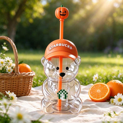Halloween Bear Drink Cup with Pumpkin Straw Topper, Orange Cap, Collectible Seasonal Drinkware