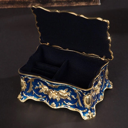 Retro Alloy Jewellery Trinket Box, Ring Necklace Storage Organiser, Blue Craft Decor