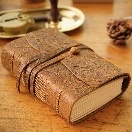 Vintage Leather Bound Journal - Handmade Carved Brown Leather Writing Notebook for Daily Use