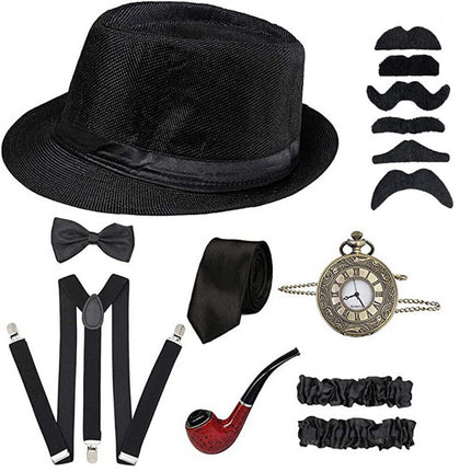 1920s Men's Prom Party Top Hat Pipe Pocket Watch Strap Tie Sets Charm 8 Piece