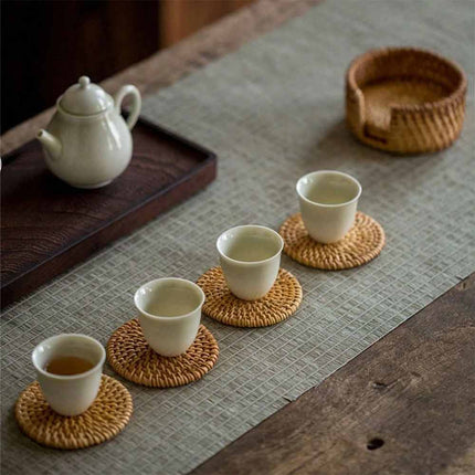 6 Pack Rattan Coaster Set with Storage Holder Base, Heat Resistant Autumn Pattern Drink Cup Mats for Table Decor