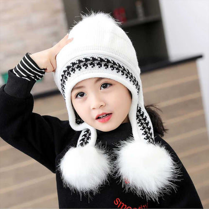 Women’s & Kids’ Knitted Beanie with Ear Flaps and Pom-Pom – Warm Winter Ski Cap, White