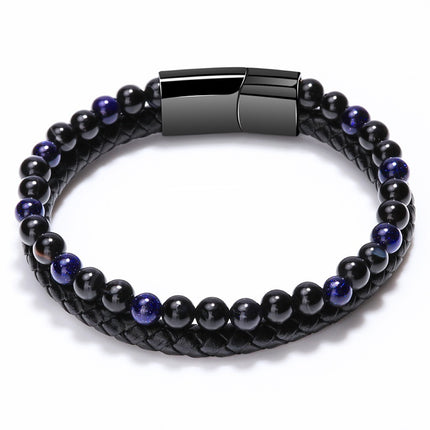 Me Natural Tiger Eye Stone Beads Bracelet Matte Black Onyx Leather Bracelet 23CM