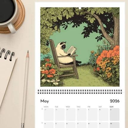 Cats Chillin' with Books Wall Calendar 2026 Cat-Themed Illustrations Planner