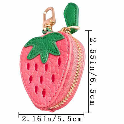 Strawberry shaped leather keychain coin purse, mini zipper pouch, portable storage bag