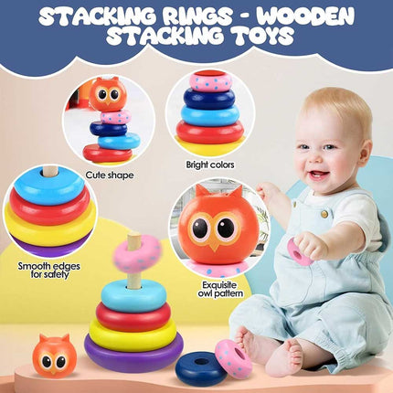 Wooden Owl Tumbler Stacking Rings, Rainbow Spinning Tower