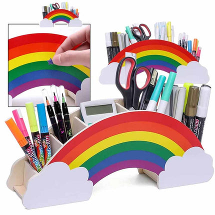 Rainbow Wooden Desk Organiser, DIY Pen & Pencil Holder with Phone Storage Compartment
