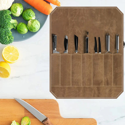 Khaki Canvas Kitchen Knife Roll Bag  Portable Storage Organizer for Chefs, Camping & Picnics