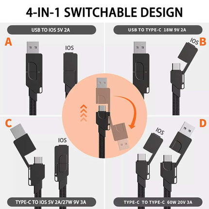PD 60W Multi USB QC Fast Charging Cable 4in1 Type-C to Type C For iPhone Andriod