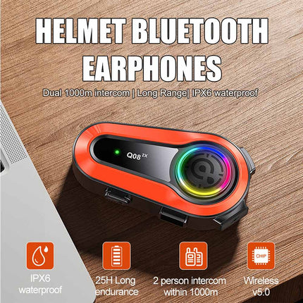 Bluetooth 5.0 1000M Motorcycle Helmet Intercom Headset Motorbike Interphone