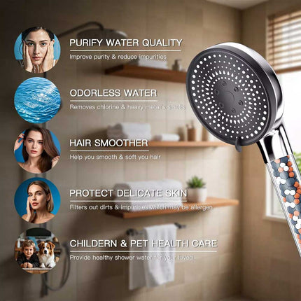 Deluxe 5 IN 1 Filtered Shower Head High Pressure 5 Modes Hard Water Mineral Bead