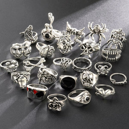 24 Pcs Gothic Skeleton Stackable Ring Set, Punk Grunge Unisex Street‑Style Jewellery Gift