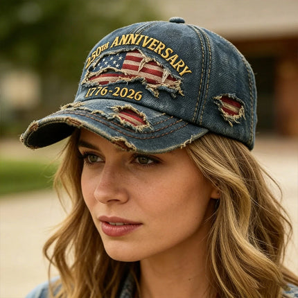 250th US Anniversary Denim Baseball Cap – 1776–2026 Patriotic Simulation Print