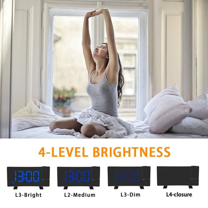 LED Curved Screen Digital Clock, Radio Projection Wake Up Alarm Clock